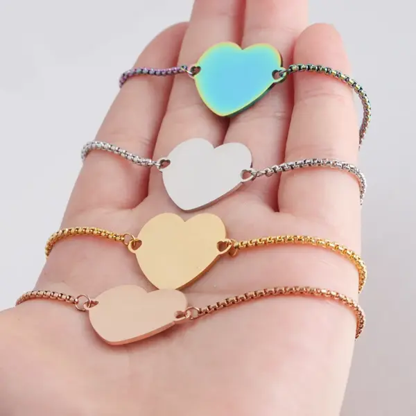 PVD Coated 18K Gold Real Plated Customization Laser Engraving Heart Shape 304 Stainless Steel Casual Waterproof Non Tarnish Bracelets