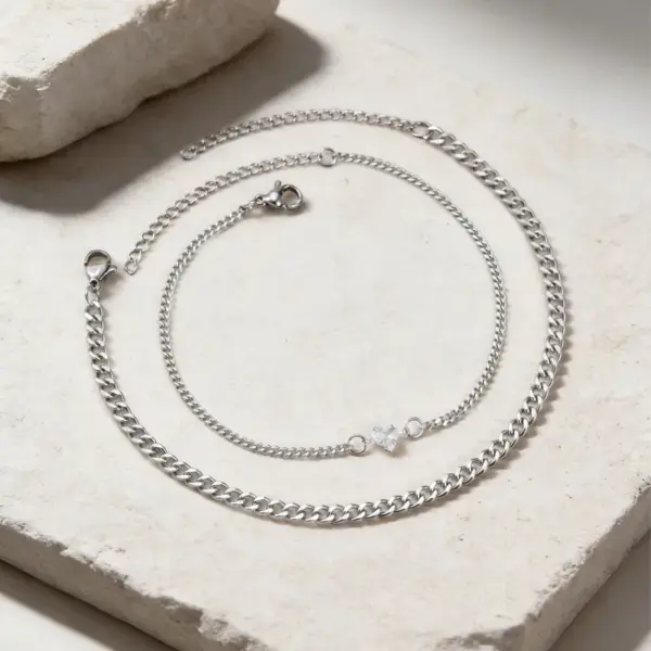 Wholesale Valentine's Day Jewelry 201 Stainless Steel Imitation Gold Plated Heart-Shaped Zircon Couple Bracelet Two-Piece Set Waterproof Non-Fading Cuban Chain