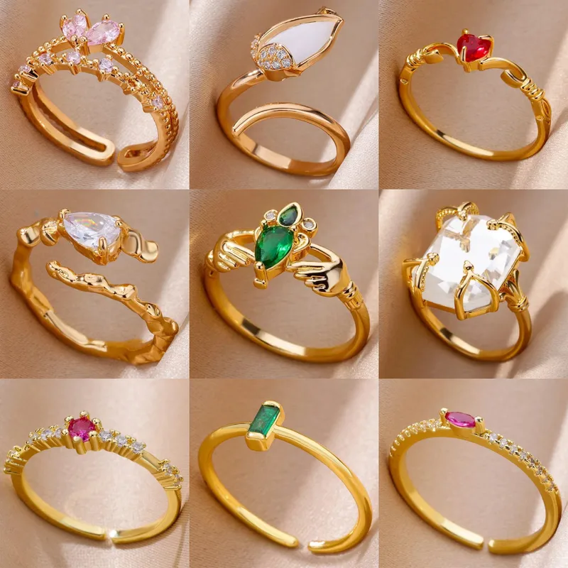Wholesale 304 Stainless Steel Flower Zircon Simple Style Classic Style Open Rings