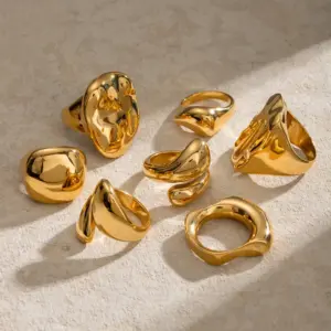 Wholesale 304 Stainless Steel Water Droplets Solid Color PVD Coated 18K Real Gold Plated Real Gold Plated Vacation Simple Style IG Style Waterproof Non Tarnish Asymmetrical Gold Open Rings Rings