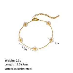 【XKB2213】Five White Flowers Bracelet / Gold