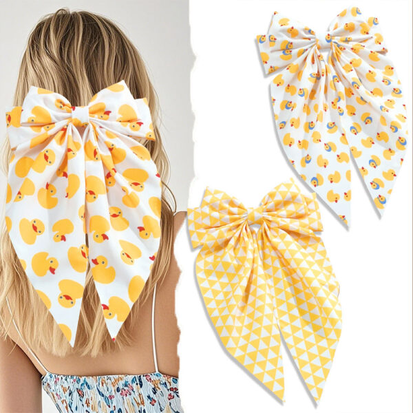 oly-f203dc287cb2c47ac2a3d74223649b28 Wholesale Cartoon Little Yellow Duck Print Double-Layer Bow Spring Clip Long Ribbon Hairpin Back of the Head Top Clip Cute Hair Accessory