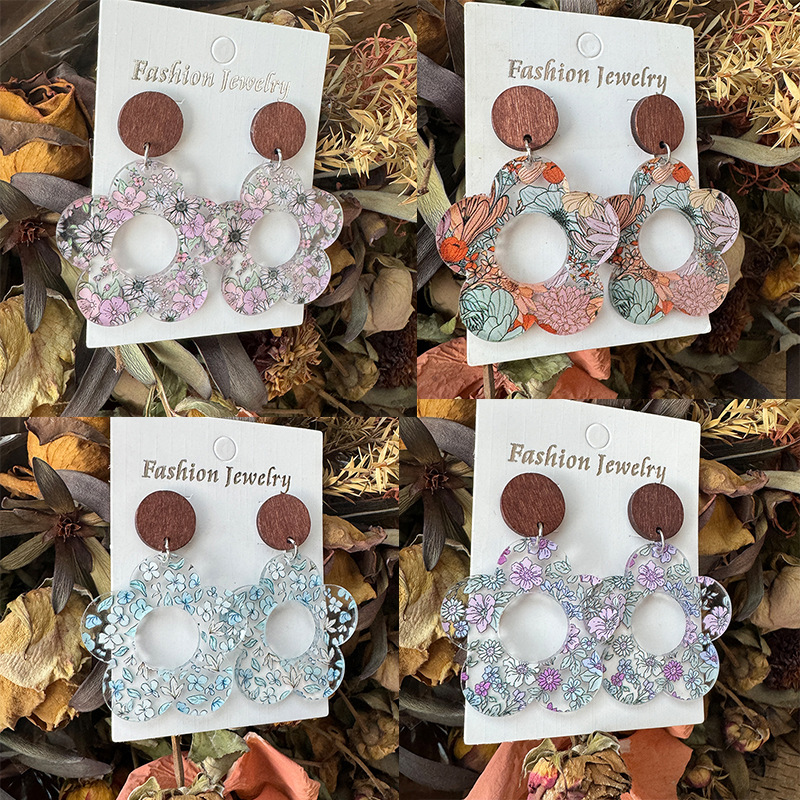 Wholesale Cross-border Flower ing Earrings Double-sided Hollow Printing Flowers Mother's Day Gift Jewelry Amazon Source