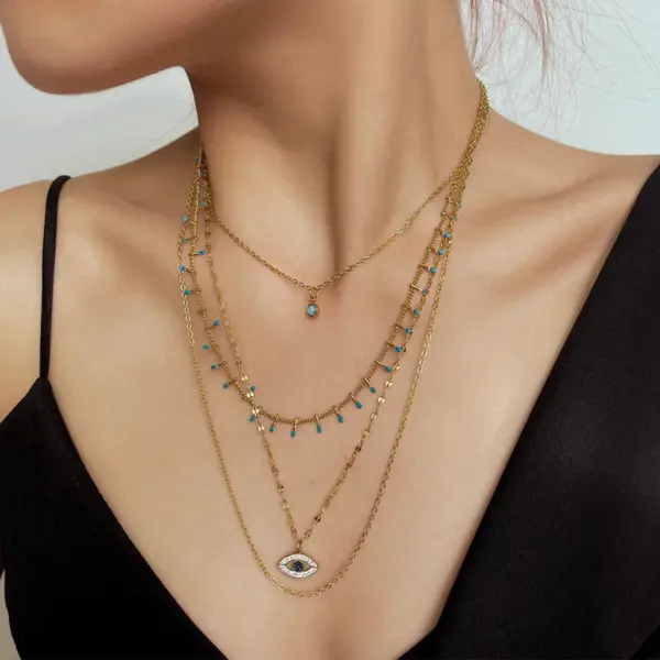 Wholesale Fashion Geometric Eye Titanium Steel Layered Rhinestones Necklace