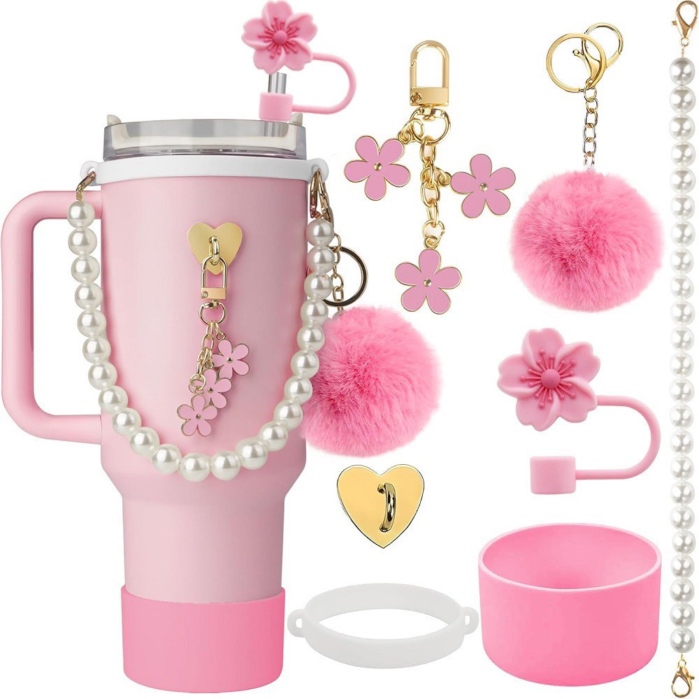 Wholesale Flower Straw Cap Silicone Heat Insulated Water C Set Pearl rtable Rope Hair Ball Pendant suit