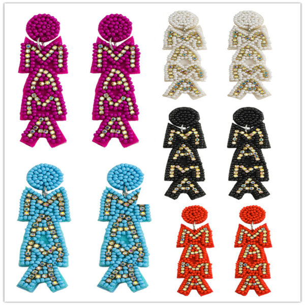 Wholesale European and American Hot-selling Mother's Day Sequin Earrings All-match Letters MAMA Beads and Diamond Earrings Daily Commuter Jewelry