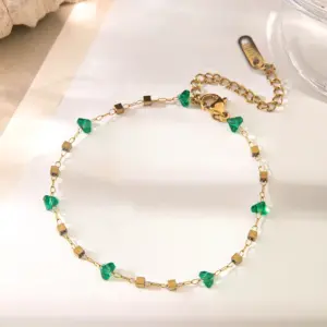 【XKB2134】 Green Diamond Square Chain Bracelet / Gold