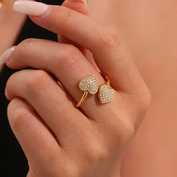 304 Stainless Steel Heart Shape Crab Whale PVD Coated Zircon Real Gold Plated Elegant Beach Shiny Waterproof Non Tarnish Plating Inlay Rings