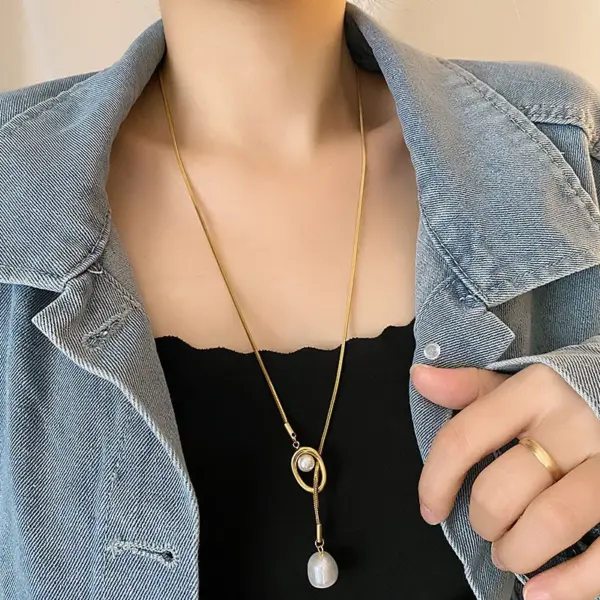 Stainless Steel Pearl Extender Chain Fashionable Simple Sweater Chain Clavicle Chain Pendant Trendy Geometric Pattern Titanium Steel Necklace For Women