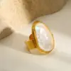 Wholesale Vacuum Electroplating (In Furnace) Plated 18K Real Gold 304 Stainless Steel Moon Oval Elegant Vintage Romantic Open Ring For Women