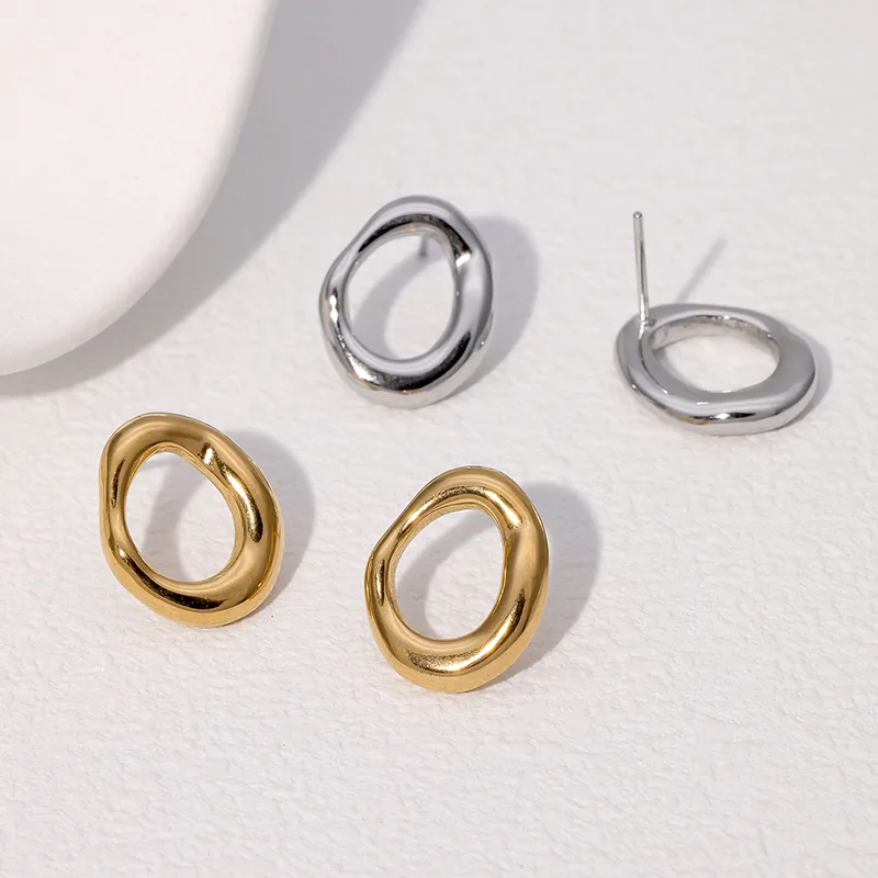 Wholesale 304 Stainless Steel Geometric Circle PVD Coated Stone-Free Real Gold Plated 18K Gold Elegant Simple Style IG Style Waterproof Non Tarnish Gold Sier Ear Studs