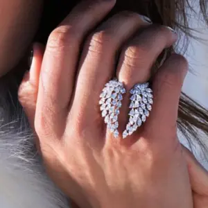 Wholesale New Women's Open Full Diamonds Zircon Wings Adjustable Fashion Charm Copper Ring