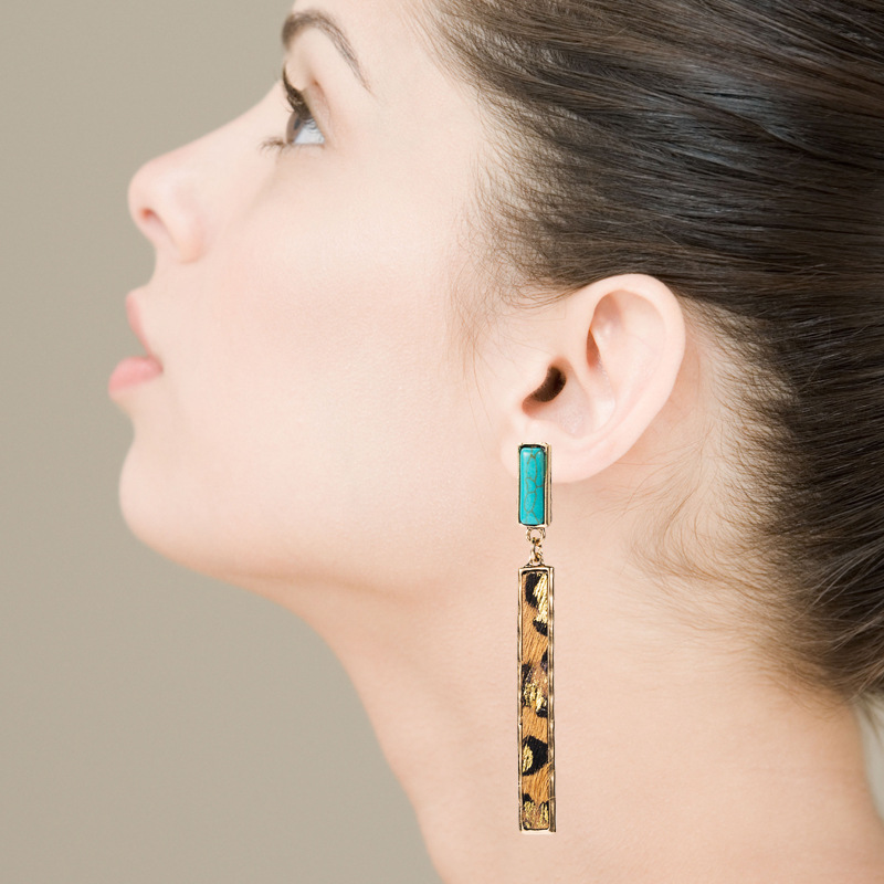 Wholesale European and American exaerated personality long leather earrings alloy inlaid turquoise red brown leopard print leather temperament party e