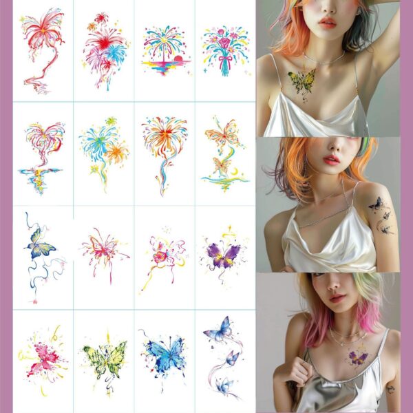 Wholesale Hand-painted Colorful Fireworks Butterfly Tattoo Sticker Niche Ins Style Waterproof Lasting Arm Collarbone Personalized Tattoo Sticker for Women