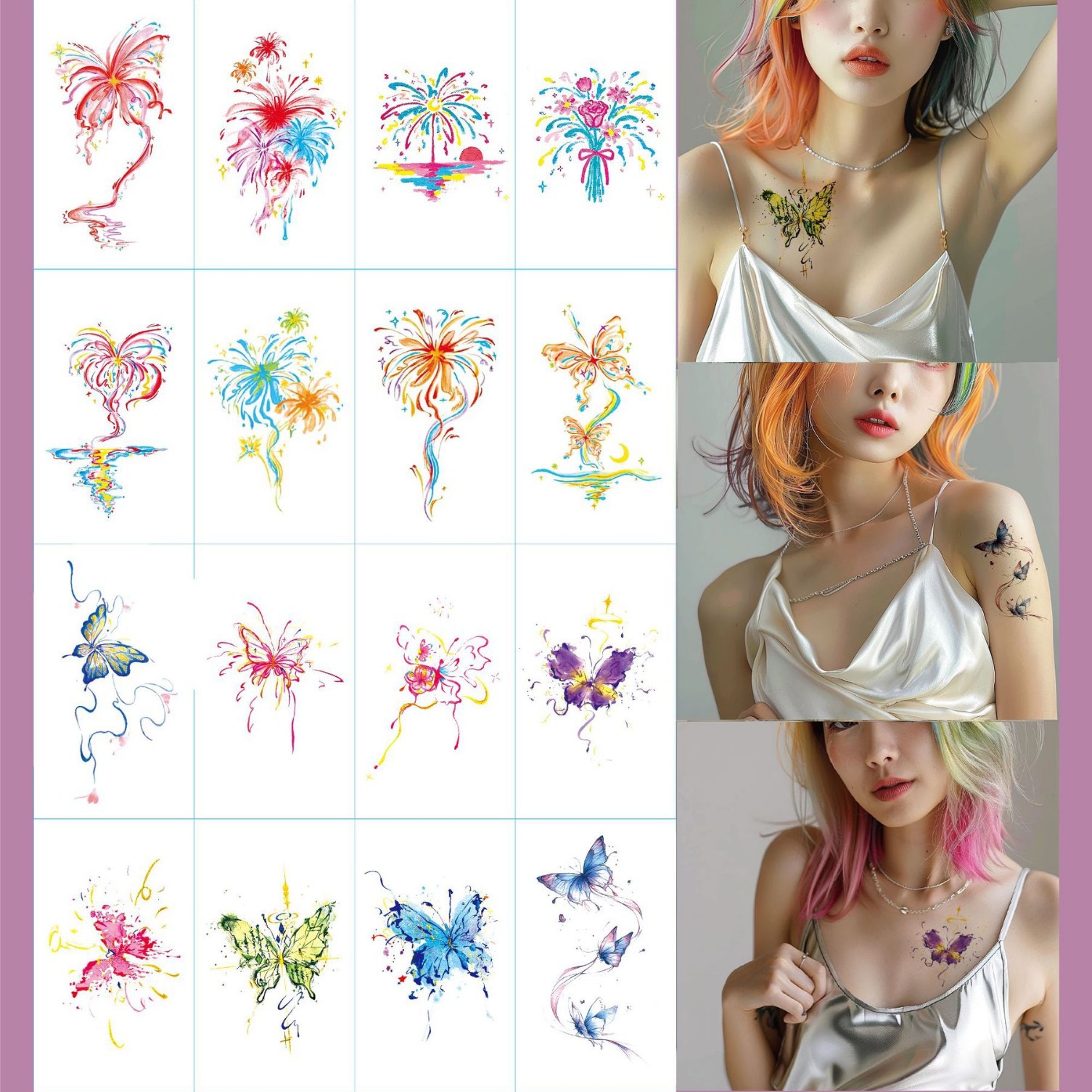 Wholesale Hand-painted Colorful Fireworks Butterfly Tattoo Sticker Niche Ins Style Waterproof Lasting Arm Collarbone Personalized Tattoo Sticker for W