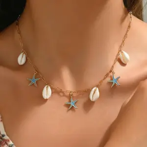 X06155-White Shell Blue Starfish-Necklace- Gold