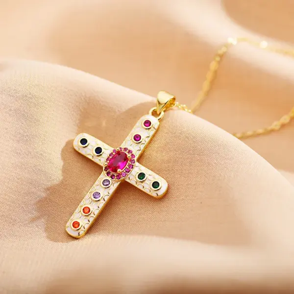 Copper Cross Electroplating Zircon Copper Plated Roman Style Enamel Plating Inlay Cable Chain Lobster Trigger Clasp Closure Pendant Necklace