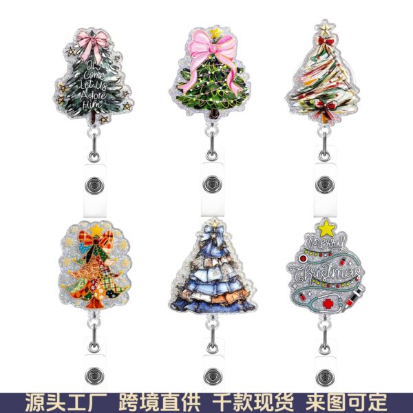 Wholesale Glitter Acrylic Creative Christmas Tree Badge Clip Christmas Gift Telescopic Keychain