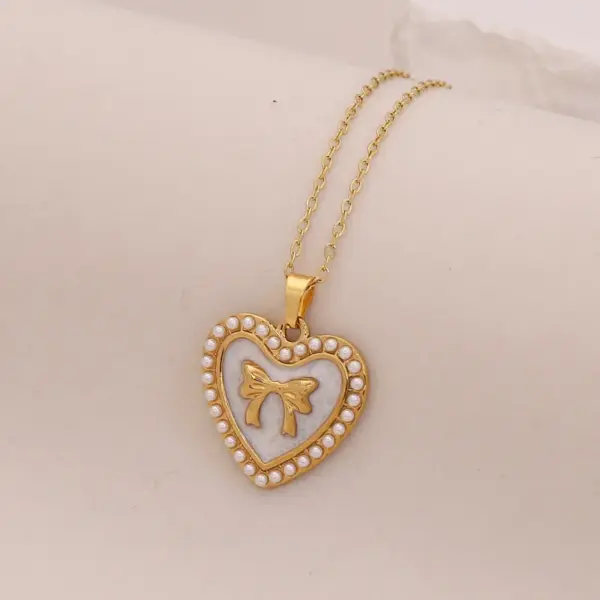 Wholesale PVD Coated 18K Gold Real Gold Plated Heart Shape Bow Knot 304 Stainless Steel Cute Romantic Waterproof Non Tarnish 304 Stainless Steel Lobster Trigger Clasp Closure Pendant Necklace