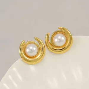 Wholesale 1 Pair Simple Style Classic Style Fish Tail Plating Inlay 304 Stainless Steel Artificial Pearls Resin 18K Gold Plated Ear Studs