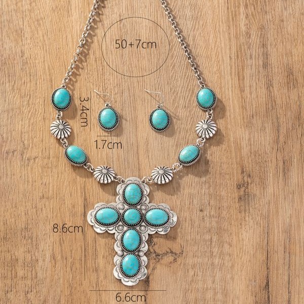 Wholesale Cross-Border European and American Retro Fashion Cross Turquoise Necklace and Earrings Western Style Exaggerated Jewelry Set