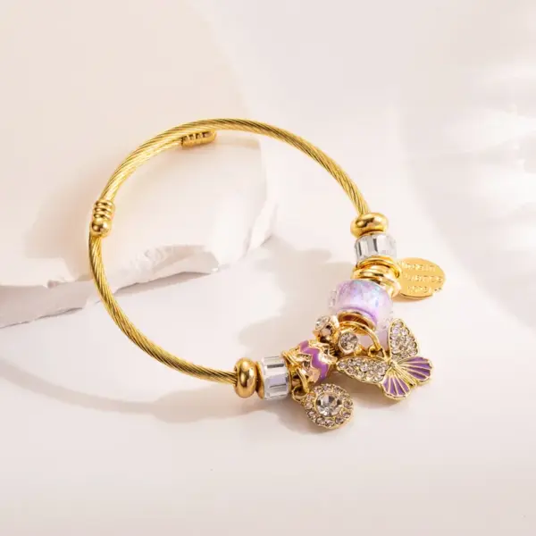 Wholesale Elegant Sweet Butterfly 304 Stainless Steel Alloy Gold Plated Rhinestones Bangle In Bulk
