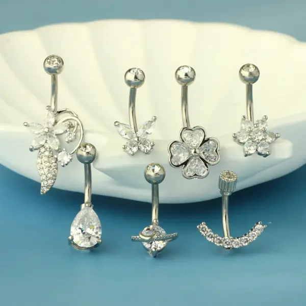 1 Piece 316L Stainless Steel Copper Zircon Belly Rings Heart Shape Wings Butterfly Waterproof Non Tarnish Surgical Steel Unisex