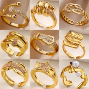 304 Stainless Steel Geometric Star PVD Coated Pearl Zircon Real Gold Plated Simple Style Waterproof Non Tarnish Plating Inlay Open Rings