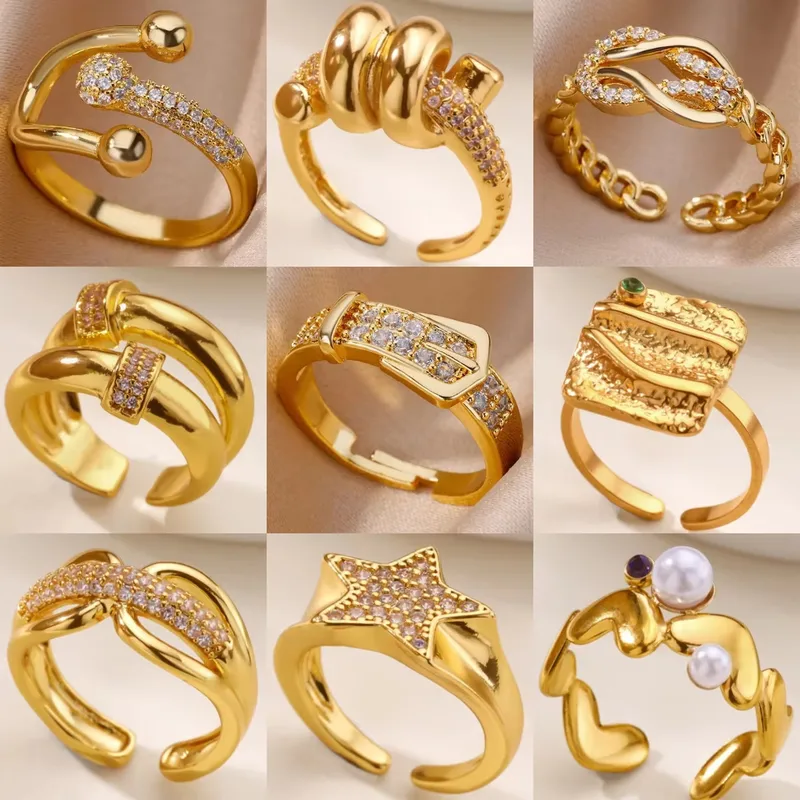 Wholesale 304 Stainless Steel Geometric Star PVD Coated Pearl Zircon Real Gold Plated Simple Style Waterproof Non Tarnish Plating Inlay Open Rings
