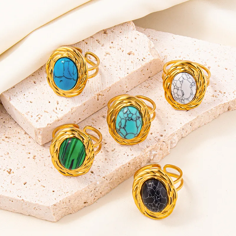 Wholesale Basic Retro Classic Style Geometric 304 Stainless Steel Titanium Steel Artificial Gemstones Open Rings In Bulk