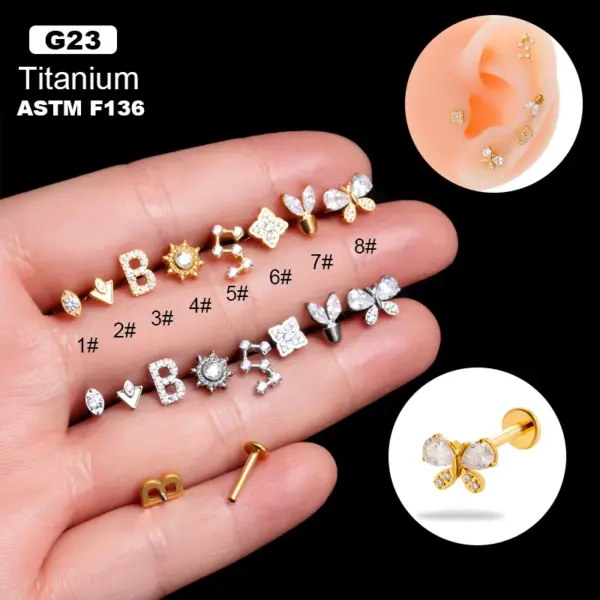 1 Piece Ear Cartilage Rings & Studs Simple Style Korean Style Flower Butterfly Pure Titanium Plating Inlay Zircon