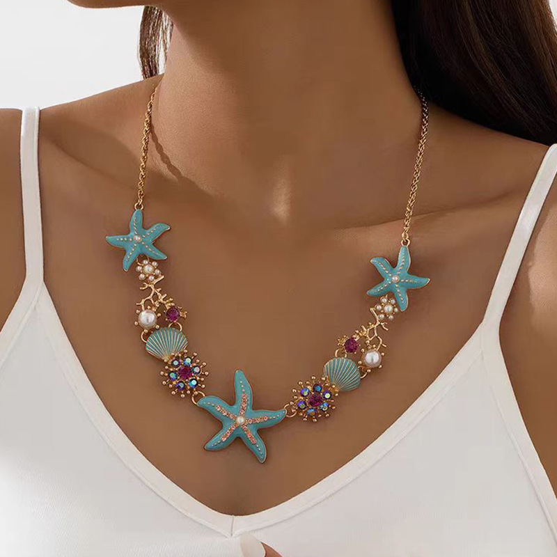 Wholesale European and American style cross-border blue three-dimensional starfish necklace niche design personality shell beach clavicle chain jewelr