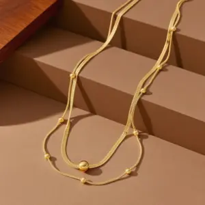 X01213-Double Layer Gold Beads-Necklace- Gold