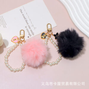 Wholesale Cute fur ball pearl bear tag bag pendant plush key chain phone earphone set car fur pendant
