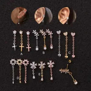 316L Stainless Steel Copper Zircon Ear Cartilage Rings & Studs Flower Waterproof Non Tarnish Surgical Steel Women'S