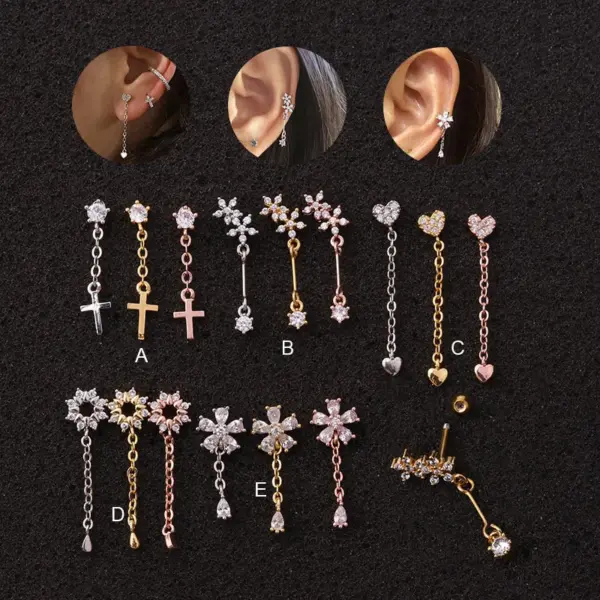 316L Stainless Steel Copper Zircon Ear Cartilage Rings & Studs Flower Waterproof Non Tarnish Surgical Steel Women'S