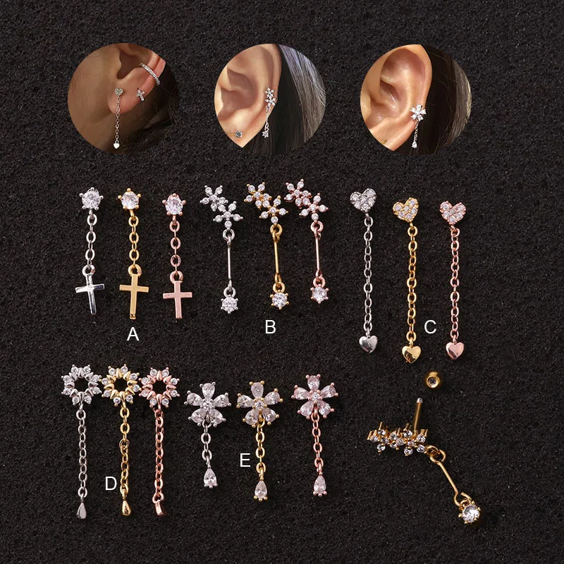 Wholesale 316L Stainless Steel Copper Zircon Ear Cartilage Rings & Studs Flower Waterproof Non Tarnish Surgical Steel Women'S