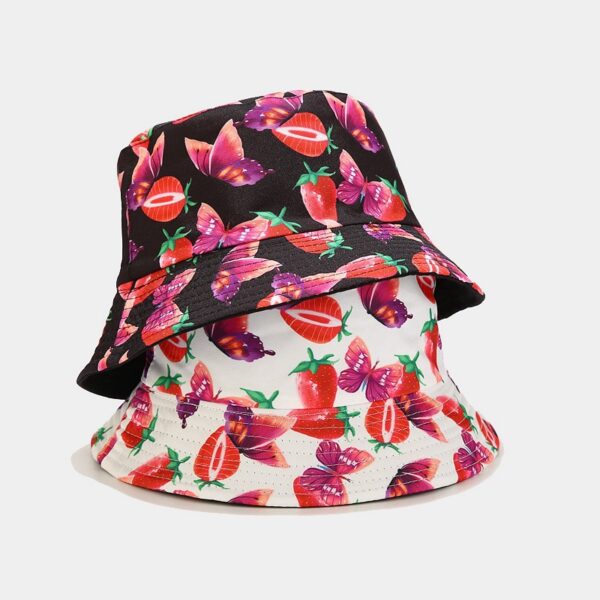 Wholesale Amazon Creative New Strawberry Butterfly Pattern Double-sided Fisherman Hat Women's Fashionable Outdoor Sunshade Basin Hat Foldable
