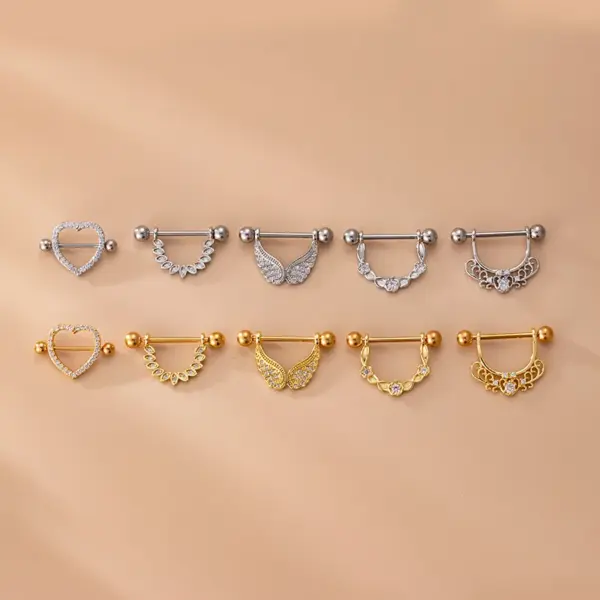 1 Piece 316L Stainless Steel Copper Zircon Nipple Rings & Studs Heart Shape Wings Waterproof Non Tarnish Surgical Steel Women'S