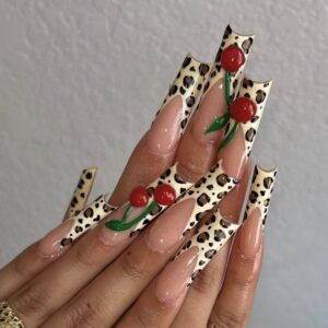 oly-f35063a30227f47ca2b960abc82eb671 Wholesale Cross-border Europe and the United States simple French wearing armor sweet cool leopard cherry manicure false nails white wearing armor 24 pieces