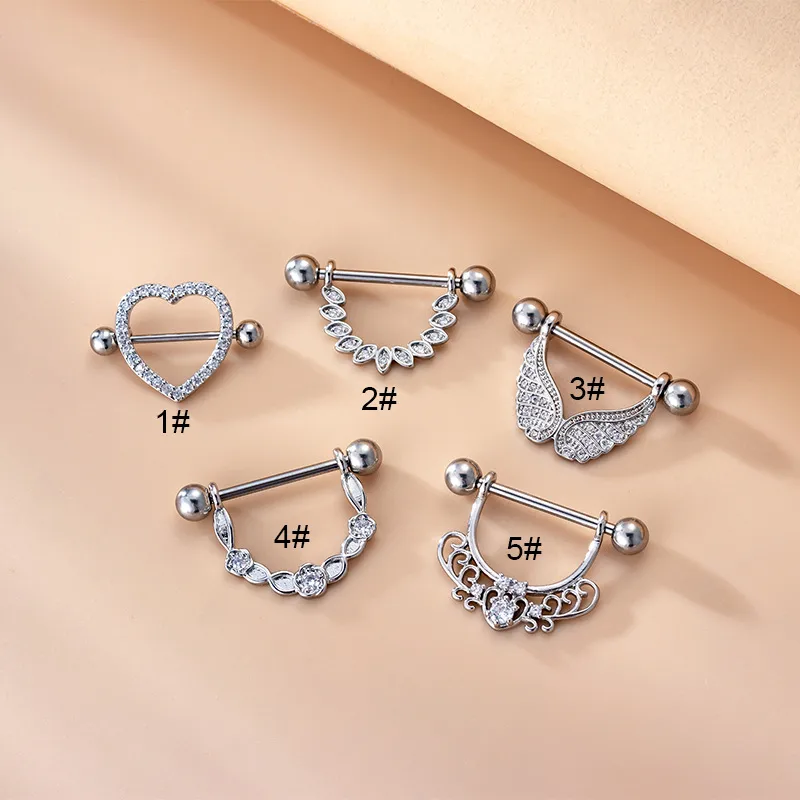 Wholesale 1 Piece 316L Stainless Steel Copper Zircon Nipple Rings & Studs Heart Shape Wings Waterproof Non Tarnish Surgical Steel Women'S