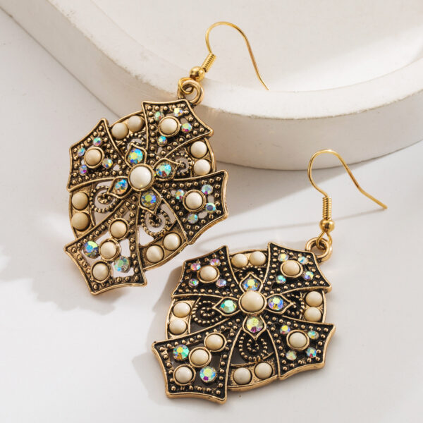 Wholesale Turquoise earrings, vintage and exaggerated, diamond-encrusted cross turquoise pendant ear hooks, ethnic style earrings for women.