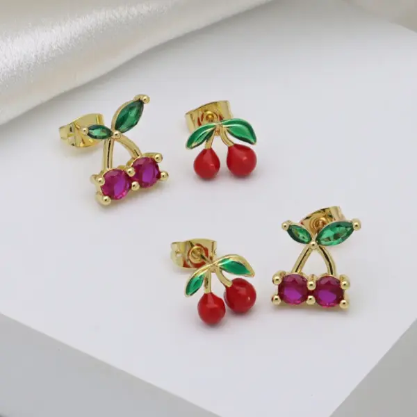 Wholesale 1 Pair IG Style Cherry Enamel Inlay Copper Zircon Ear Studs