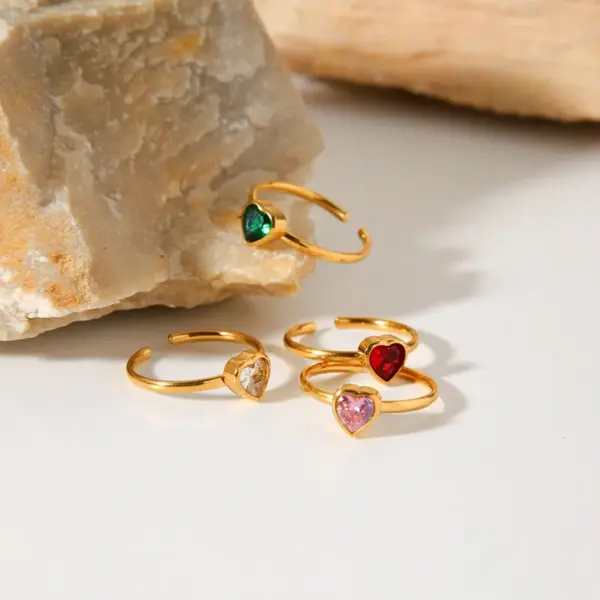 Wholesale 304 Stainless Steel Heart Shape PVD Coated Zircon 18K Real Gold Plated Vacation Modern Style IG Style Waterproof Non Tarnish Inlay Red Open Rings