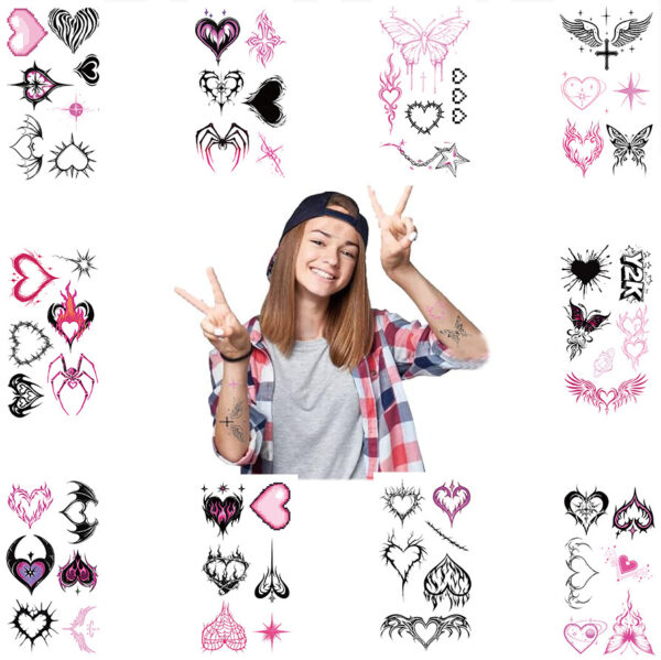 Wholesale Cartoon Y2K pink black love tattoo stickers waterproof holiday party children disposable tattoo stickers