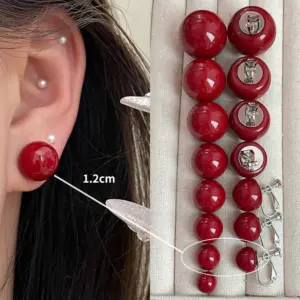 4163-1.2cm Red Bead Ear Clip Style