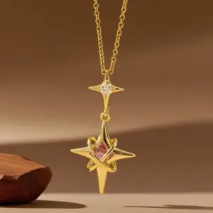 X08191 Copper Pendant with Inlaid Diamonds Large and Small Stars Necklace Gold