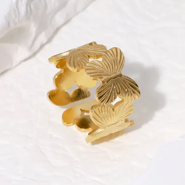 Wholesale PVD Coated Real Gold Plated 18K Gold Butterfly 304 Stainless Steel IG Style Cute Waterproof Non Tarnish Open Rings