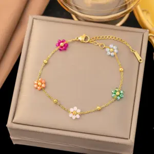 【E153】Colorful Beads Flower Bracelet / Gold