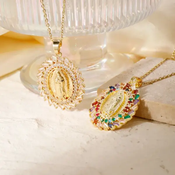 PVD Coated K Gold Plated Geometric Round Virgin Mary 304 Stainless Steel Copper Vintage Style Classic Waterproof Non Tarnish Pendant Necklace